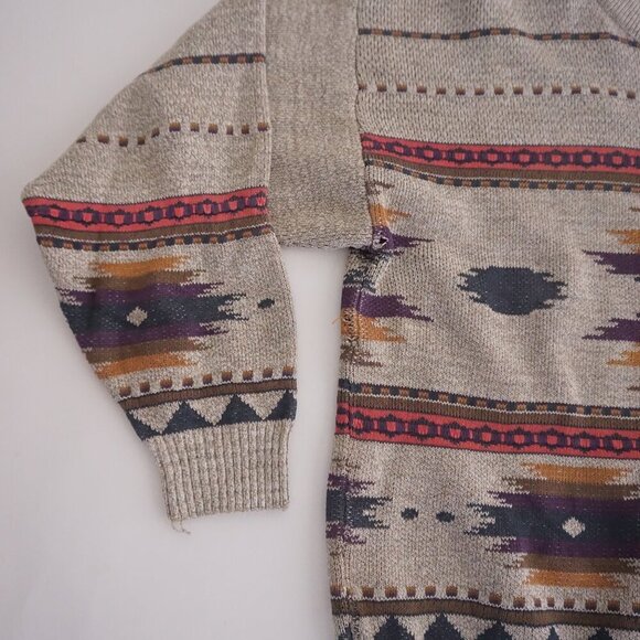 Vintage '90s London Fog Taupe Purple Aztec Cotton Crewneck Knit Sweater Large - Picture 6 of 10